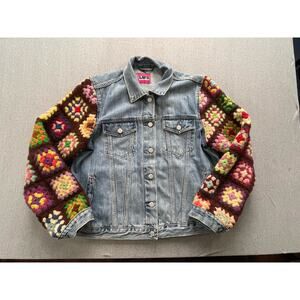 GAP Denim Jacket with Brown Crochet Granny-Square Sleeves